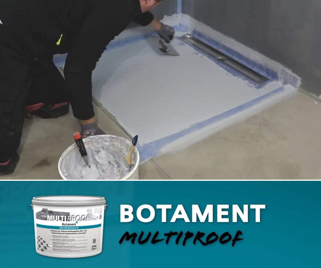 Wykonanie hydroizolacji brodzika prysznicowego walk-in za pomocą izolacji hybrydowej Botament Multiproof. fot. Botament